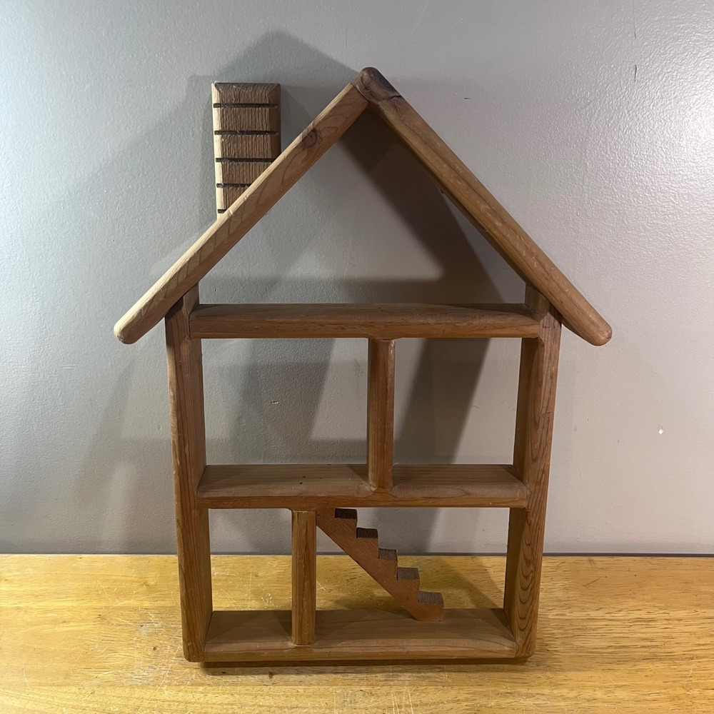 Unbranded Vtg Wood House Shadow Box Shelf Brown Rustic Wall Display Trinket Case